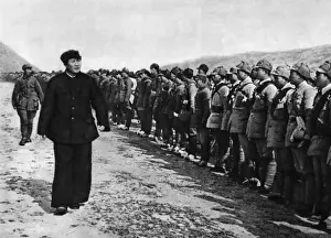 Chairman Mao Prints: Mao Zedong Inspecting the Eighth Route Army - Vintage Print