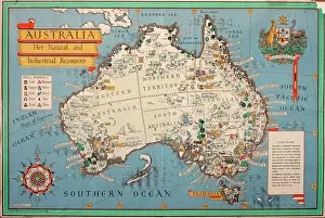 Prints of Map of Australia, showing her natural and industrial resources. 20th century Industrial Prints: 20th Century Map of Australia Print