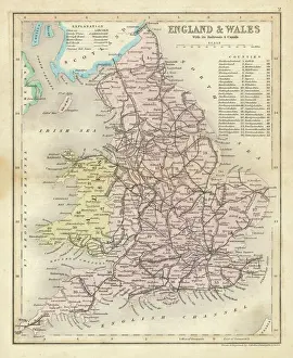 Prints of Map of England and Wales showing railways and canals Map Prints: 1857 Map Print of England and Wales with Railways and Canals