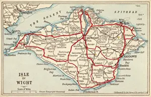 Prints of Map of the Isle of Wight, showing the principal roads (marked in red) and the internal Island rail network Date: 1910 Map Prints: 1910 Isle of Wight Map Print with Rail Network