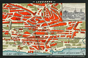 Prints of A colourful map of Lausanne, with a small engraved insert of the city Map Prints: Colourful Map of Lausanne with Engraved Insert Print