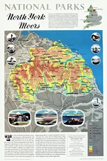 Prints of National Parks poster map of the North Yorks Moors Date: circa 1950 North Yorkshire Prints: North Yorks Moors Map Print circa 1950