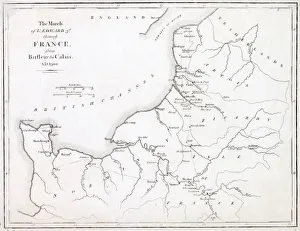 A map showing the movement of King Edward III through France from Barfleur to Calais in A map showing the movement of King Edward III through France from Barfleur to Calais in