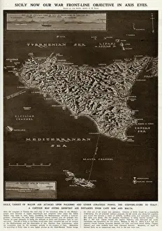 Prints of A contour map of Sicily, giving the shortest air distances from Cape Bon and Malta Malta Prints: 1943 Contour Map of Sicily Print by G. H. Davis