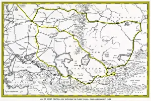 Prints of Map of Soviet Central Asia - showing marked tour routes. Date: 1933 Kyrgyzstan Prints: Map of Soviet Central Asia Print, 1933
