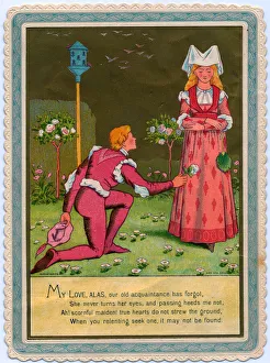 Medieval couple in a garden on a Valentine card Medieval couple in a garden on a Valentine card