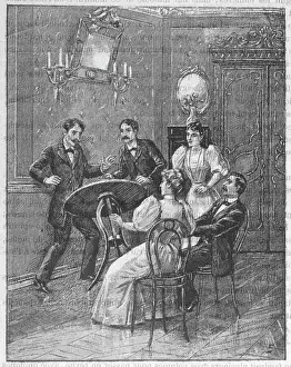 Prints of A table turning seance gets out of hand in Lyon, France Lyon Prints: Mediumship Table Turning Print, Lyon France 1900s