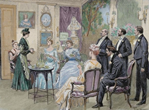 Meeting of aristocratic families in the living room. Colored Meeting of aristocratic families in the living room. Colored