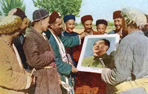 Chairman Mao Prints: Men of Xinjiang Admiring Mao Zedong Print, 1953