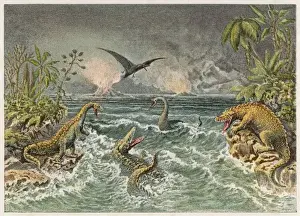 Mesozoic Landscape Print: Dinosaurs Amidst Erupting Volcanoes