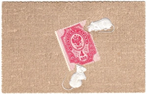 Two mice eating a Russian stamp on a postcard Two mice eating a Russian stamp on a postcard