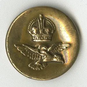 Prints of A metal military aviation button, depicting a flying eagle with a crown above. Made by Morton and Crowder Ltd, Birmingham. Date: 20th century Crowned Eagle Prints: 20th Century Military Aviation Button Print