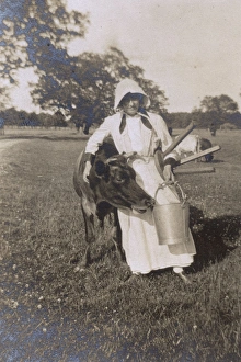 Milkmaid and cow, Madresfield, Worcestershire, WW1 Milkmaid and cow, Madresfield, Worcestershire, WW1