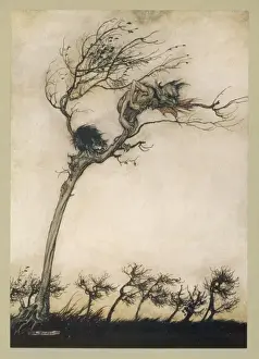 Prints of A little monster and a cat awaiting their prey from the top of a tree. Date: First published : 1634 John Milton Prints: Milton's Comus Print: A Little Monster and a Cat