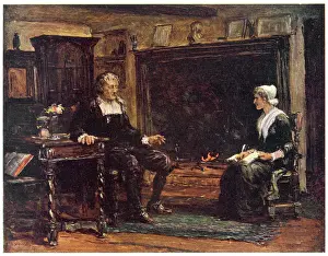 Prints of JOHN MILTON English writer, depicted after he had become blind, dictating to his daughter John Milton Prints: Print of Milton Dictating, a blind English writer