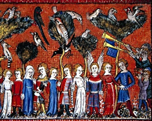 Miniature depicting Men and women dancing holding hands. Le Miniature depicting Men and women dancing holding hands. Le