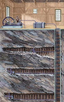 Mining. Coal mine with several floors. Colored engraving Mining. Coal mine with several floors. Colored engraving