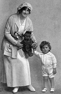 Miss Dorothy Ward & son with teddy in khaki Miss Dorothy Ward & son with teddy in khaki