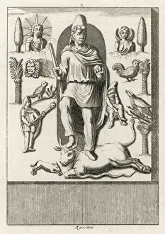 Mithras Print: Ancient Roman deity with emblems and attributes