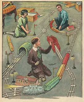 Prints of Three Swedish children play with their model railway Railway Prints: Model Railway Print of Swedish Children at Play