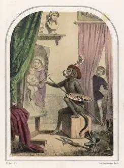 19th Century Animal Art Prints: Monkey Copies Bufalmaco