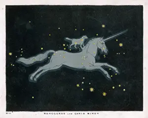 Mythical Beast Prints: Monoceros Constellation Print featuring a Unicorn and Canis Minor
