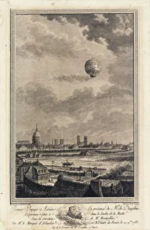 Montgolfier balloon in flight over Paris Montgolfier balloon in flight over Paris