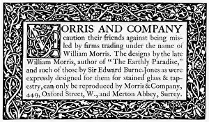 Prints of An announcement concerning the authenticity of Morris and Co (William Morriss designs) and warning clients against misleading firms William Morris Prints: Authentic Morris Print Warning: Genuine Morris & Co Designs