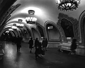 Prints of The Rococo style interior, with ornate, grandiose light fittngs and wall mirrors, of a Moscow underground railway station, Russia. Date: late 1960s Russian Architecture Prints: Moscow Underground: Late 1960s Print