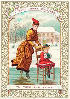 Mother and daughter skating on a Christmas card Mother and daughter skating on a Christmas card