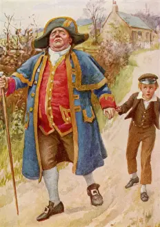 Prints of Stern Mr. Bumble holds the hand of apprehensive young Oliver Twist, as they walk away from the workhouse D Prints: Print of Mr Bumble and Oliver Twist Leaving the Workhouse