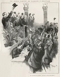 Prints of An elderly William Gladstone campaigning for a fourth term as Liberal Prime Minister (which he won) at Dalkeith during his tour of the Midlothian constituency Midlothian Prints: William Gladstone at Dalkeith: A Campaign Print