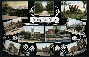 Prints of Multi-view postcard of Fulham, London, featuring inset photographs of: Bishops Park, The Drive at Fulham Palace, The Courtyard at Fulham Palace, Fulham Church, The Almshouses Bishops Park Prints: Multi-view Print of Fulham, London circa 1908