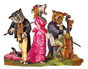 Musical cat, dog and owl on a Victorian scrap Musical cat, dog and owl on a Victorian scrap