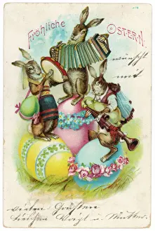 Hare Prints: Decorated Easter Eggs with Three Musical Hares Print