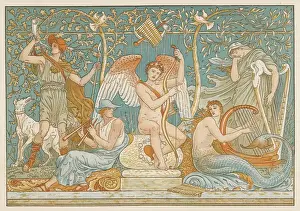 Print of Various Musicians with Harp, Lyre and Hunting Horn