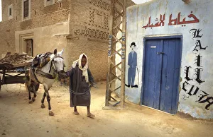 Muslim man leads mule and cart through the streets of Nefta Muslim man leads mule and cart through the streets of Nefta