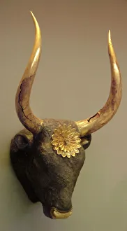 Mycenaean art. Greece. Silver rhyton as head of a bull with Mycenaean art. Greece. Silver rhyton as head of a bull with