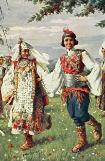 Prints of The Kolo or Vrlika - the National Dance of Croatia, being performed by two peasants in full traditional costume. Date: 1938 Croatia Prints: The Kolo or Vrlika - Traditional Croatian Dance Print 1938
