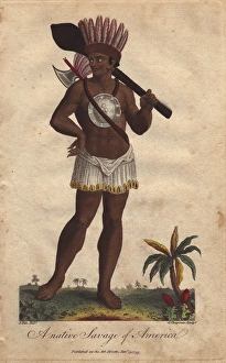 Native American wearing a headdress and short Native American wearing a headdress and short