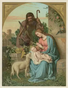 Nativity Prints: Print of The Nativity with Lamb featuring Joseph and his carpenter's tools