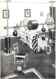 Prints of The New Banting Bed for Reducing the Figure. Cartoon by William Heath Robinson Welcome to the whimsical and wonderfully inventive world of William Heath Robinson: The New Banting Bed for Reducing the Figure Print