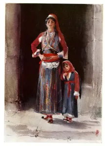 Prints of Albanian peasants in colourful national costume, woman and child. 1906 Albania Prints: Albanian Peasants in Colourful National Costume Print 1906