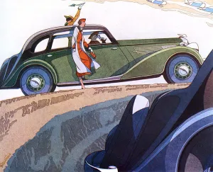 Prints of Women driving a Wolseley Super six car park at a high vantage point in order to view an aviation display. 1936 Embrace The Elegance: Art Deco Poster Art Collection: Art Deco Motoring Print: Women in Wolseley Super Six