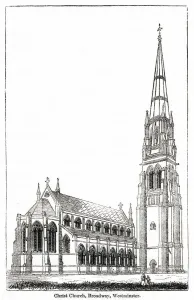 Prints of Christ Church, Broadway, Westminster, London, recently built in gothic style at the time of this illustration. Date: circa 1842 Westminster Prints: Christ Church, Broadway Print, Gothic Westminster circa 1842