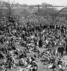 Prints of Crowds of day trippers taking advantage of the good weather, visit London Zoo on Easter Monday, 1928. The zoo recorded over 90, 000 visitors, 15, 000 more than the previous high attendance. 1928 Weather Prints: Crowds at London Zoo on Easter Monday, 1928 Print