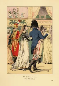 Prints of Fashionable guests at a masquerade ball, 1800. Woman in medival headdress, man in hussar uniform, man in striped breeches and bicorn, woman in mask and hooded habit. An opera ball, Year VIII, 1800 Fashion Prints: Fashionable Guests at a Masquerade Ball Print, 1800