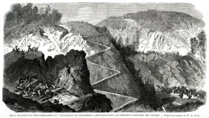 Print of French troops advancing on the Devils Backbone