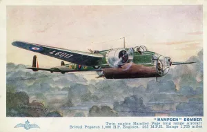 Prints of Hampden Bomber - Twin engine Handley Page long range Aircraft. Bristol Pegasus 1, 000 H.P. engines. 265mph. Range - 1, 725 miles. Date: circa 1940s Airplanes And Aviation Prints: Handley Page Hampden Bomber Print circa 1940s