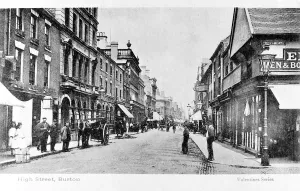 Prints of High Street, Burton upon Trent, Staffordshire, on the corner with the Market Place. Date: circa 1910s Staffordshire Prints: High Street, Burton upon Trent Print circa 1910s